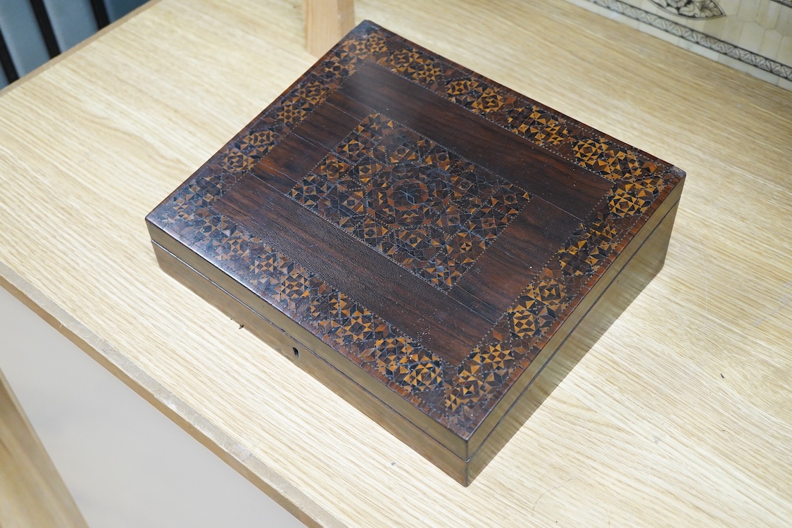 A Tunbridge ware half square mosaic banded writing slope, c.1830, a lacquer and mother of pearl inlaid box and an Indian bone veneered box, largest 34cm wide